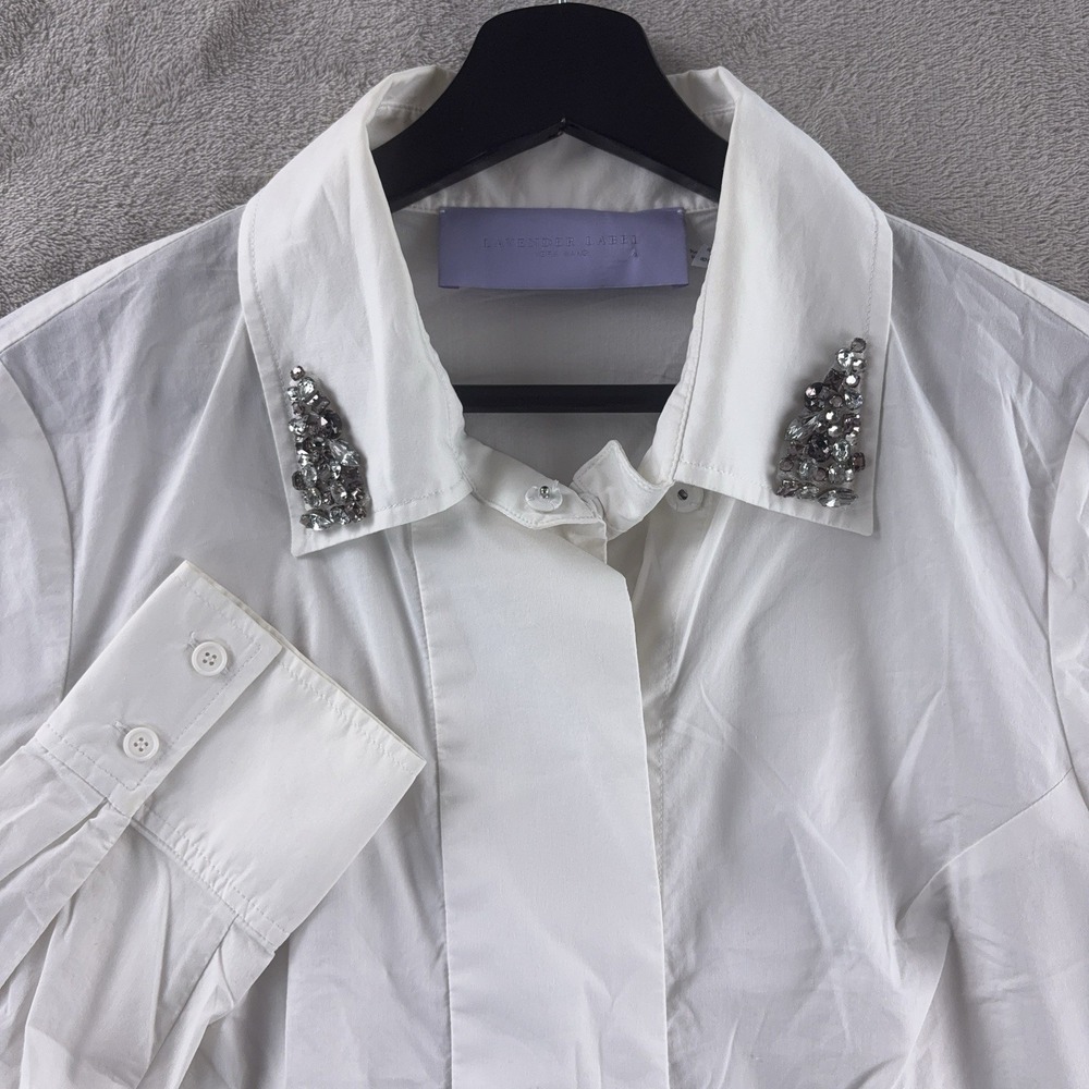 Vera Wang Lavender Label Button Up Shirt Womens‎ Size 8 White Embellished Collar